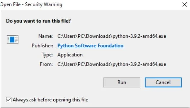 Запуск файла для установки Python3