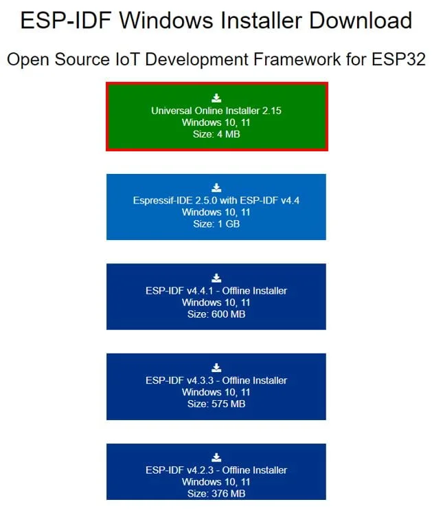 Выбор версии установщика ESP-IDF для Windows