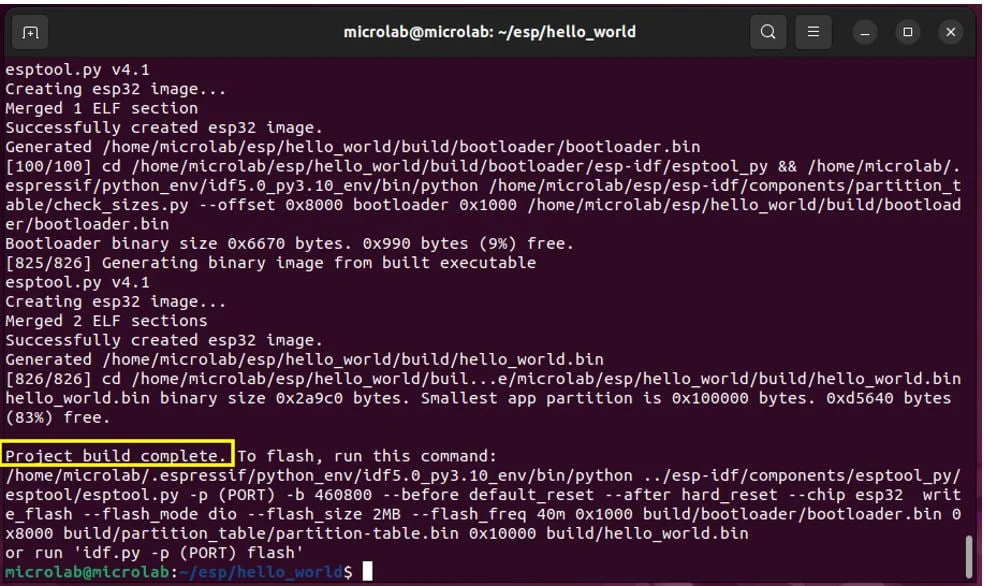 Завершение процесса сборки проекта hello_world Завершение процесса сборки проекта hello_world