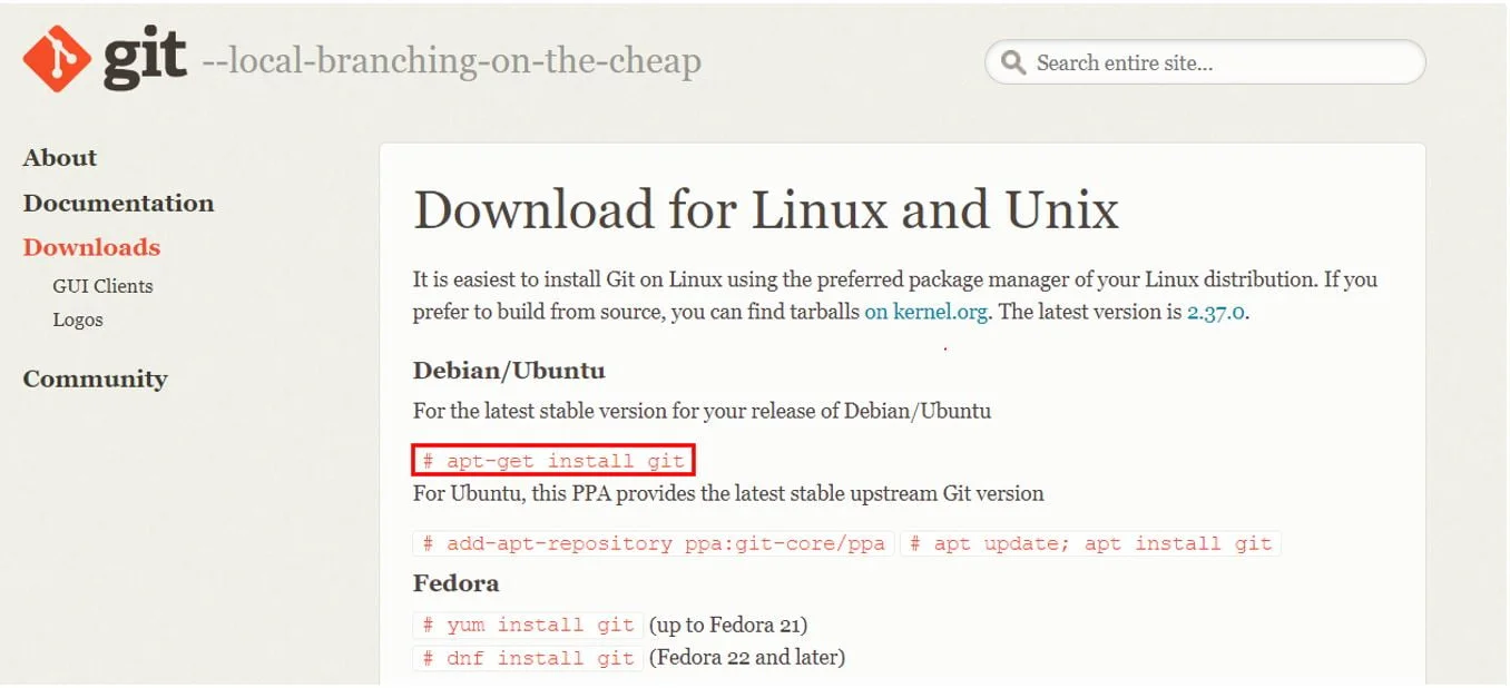 Команда, необходимая для установки Git в Linux/Unix Команда, необходимая для установки Git в Linux/Unix