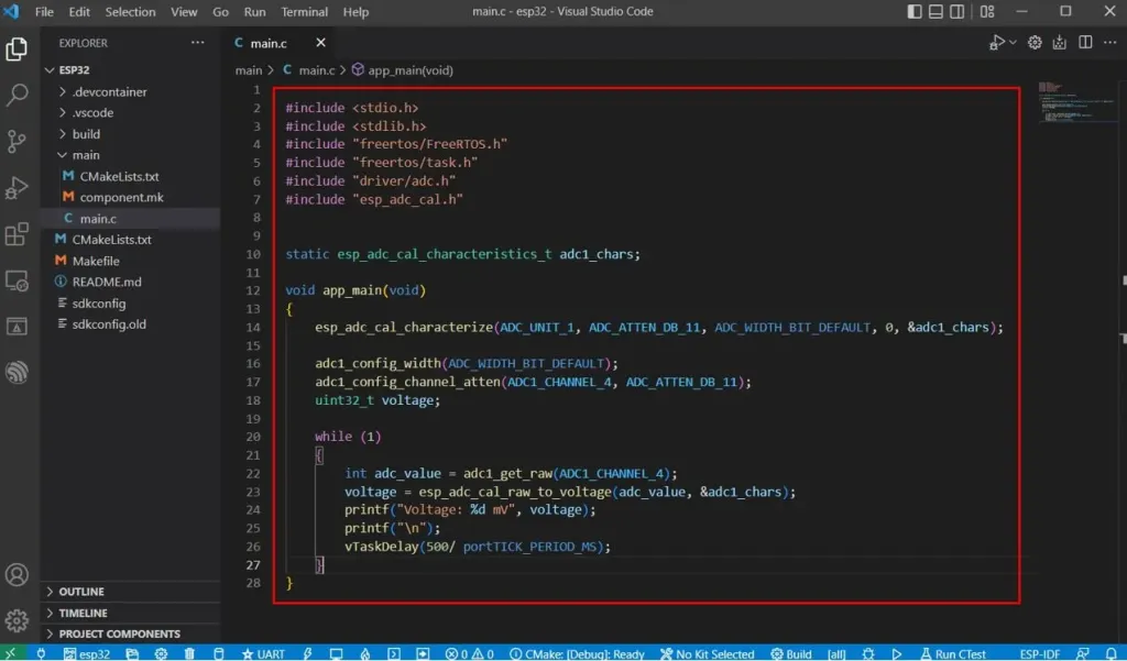 Код измерения напряжения АЦП на ESP32 в VS Code Код измерения напряжения АЦП на ESP32 в VS Code