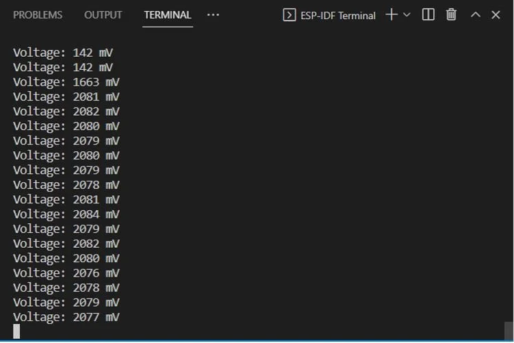 Тестирование работы кода измерения напряжения АЦП на ESP32 в терминале Тестирование работы кода измерения напряжения АЦП на ESP32 в терминале