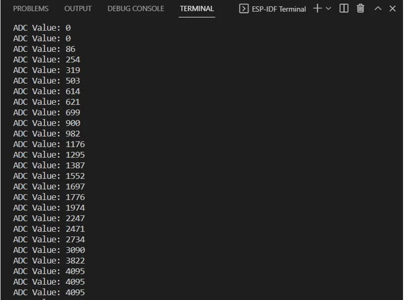 Тестирование работы АЦП ESP32 в терминале Тестирование работы АЦП ESP32 в терминале