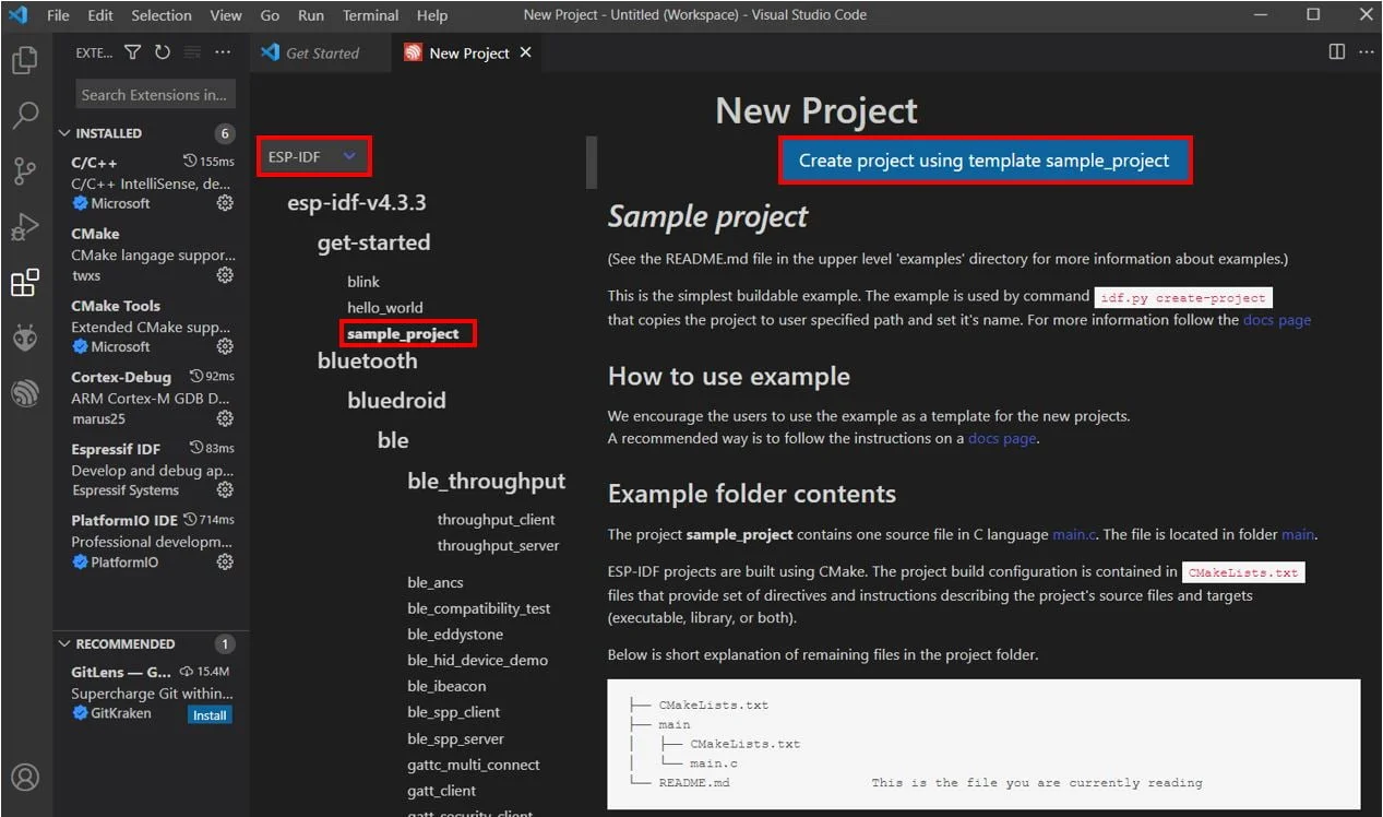 Создание проекта ESP-IDF с использованием шаблона sample_project Создание проекта ESP-IDF с использованием шаблона sample_project