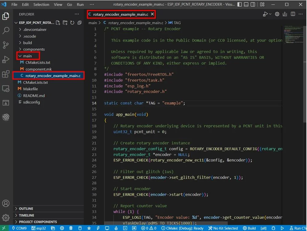 Открытие файла rotary_encoder_example_main.c в VS Code Открытие файла rotary_encoder_example_main.c в VS Code