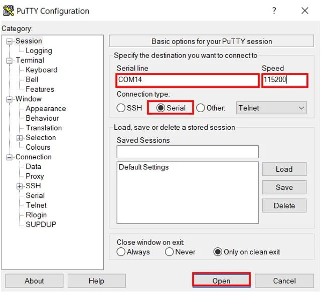 Настройка Putty для связи по UART