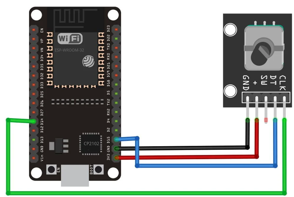 Схема подключения поворотного энкодера к плате ESP32 Схема подключения поворотного энкодера к плате ESP32