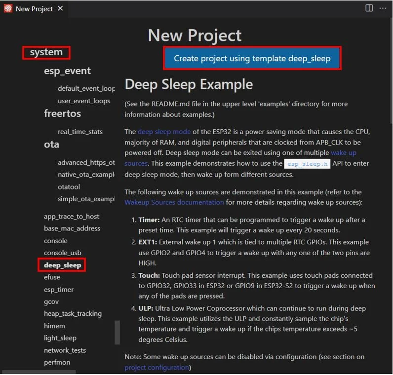 Создание проекта с использованием шаблона deep_sleep Создание проекта с использованием шаблона deep_sleep