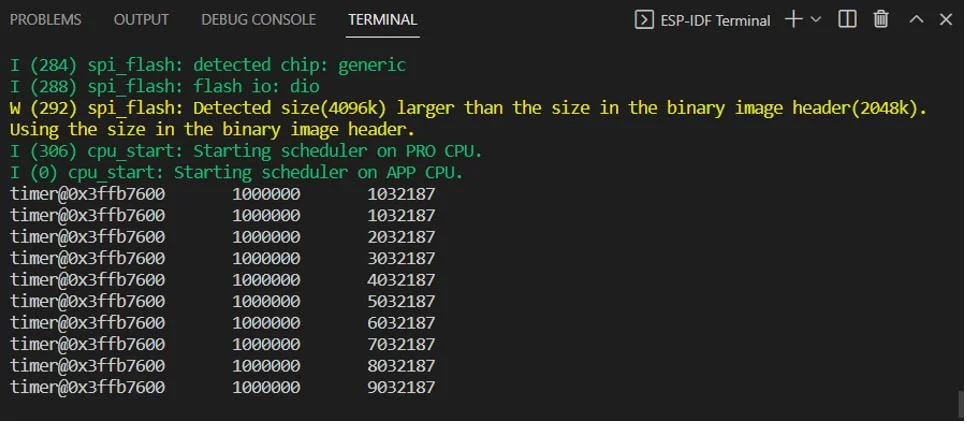 Тестирование работы проекта прерываний таймера ESP32 в окне терминала Тестирование работы проекта прерываний таймера ESP32 в окне терминала