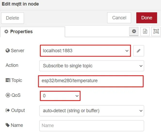Настройка темы 'esp32/bme280/temperature', на которую подписан наш узел