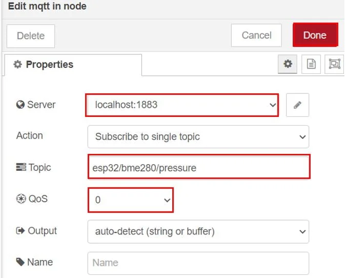 Настройка темы 'esp32/bme280/pressure', на которую подписан третий узел