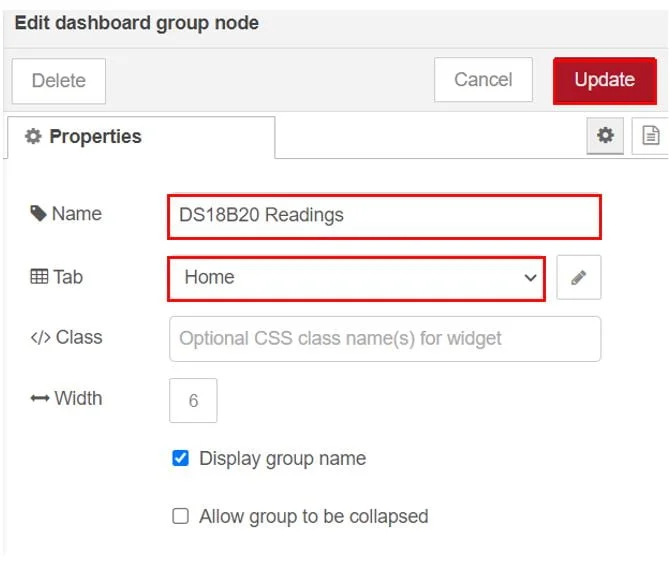 Создание группы «DS18B20 Readings»