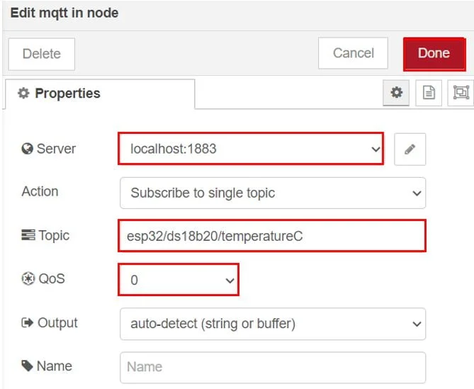 Настройки узла подписанного на тему 'esp32/ds18b20/temperatureC'