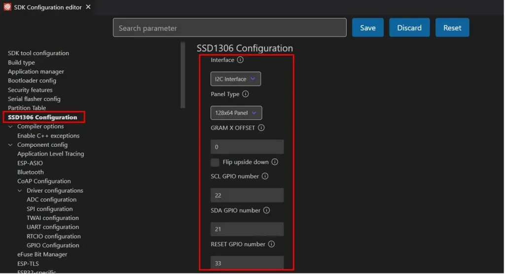 Настройки MenuConfig в ESP-IDF для работы с OLED-дисплеем Настройки MenuConfig в ESP-IDF для работы с OLED-дисплеем