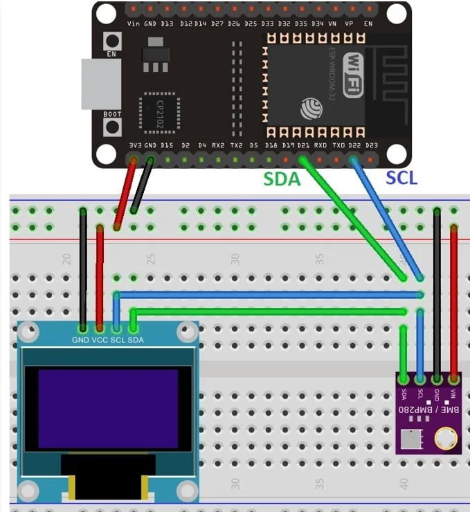 Схема подключения OLED-дисплея и датчика BME280 к плате ESP32