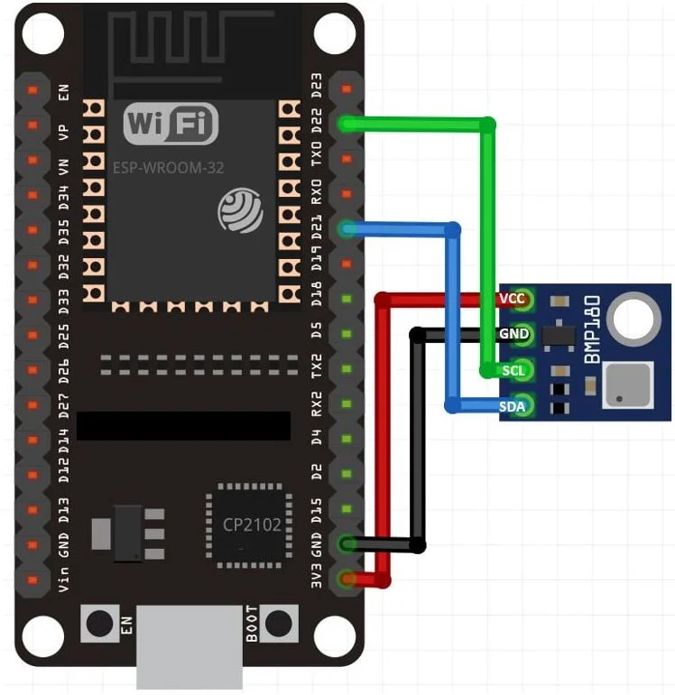 Принципиальная схема подключения датчика BMP180 к плате ESP32