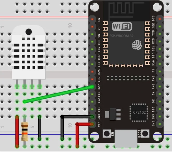 Принципиальная схема подключения датчика DHT22 к плате ESP32