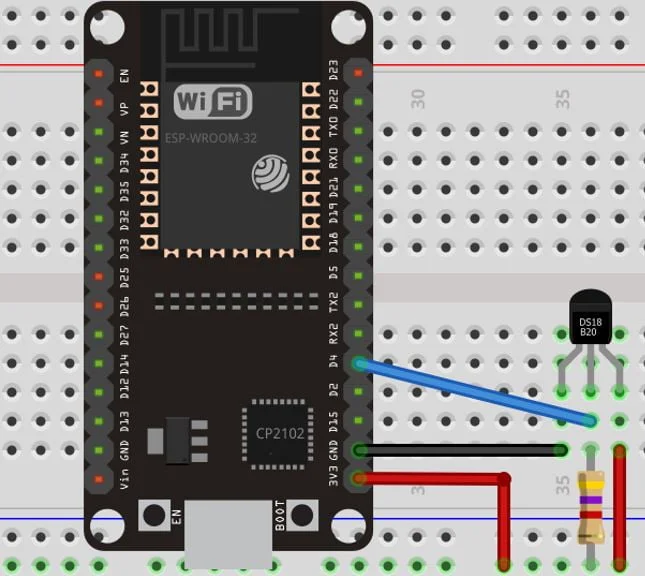 Схема подключения датчика DS18B20 к плате ESP32